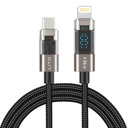 Кабел за данни и зареждане USB-C - Lightning Lito LD09CL Display, 36W, 1.2m, Черен
