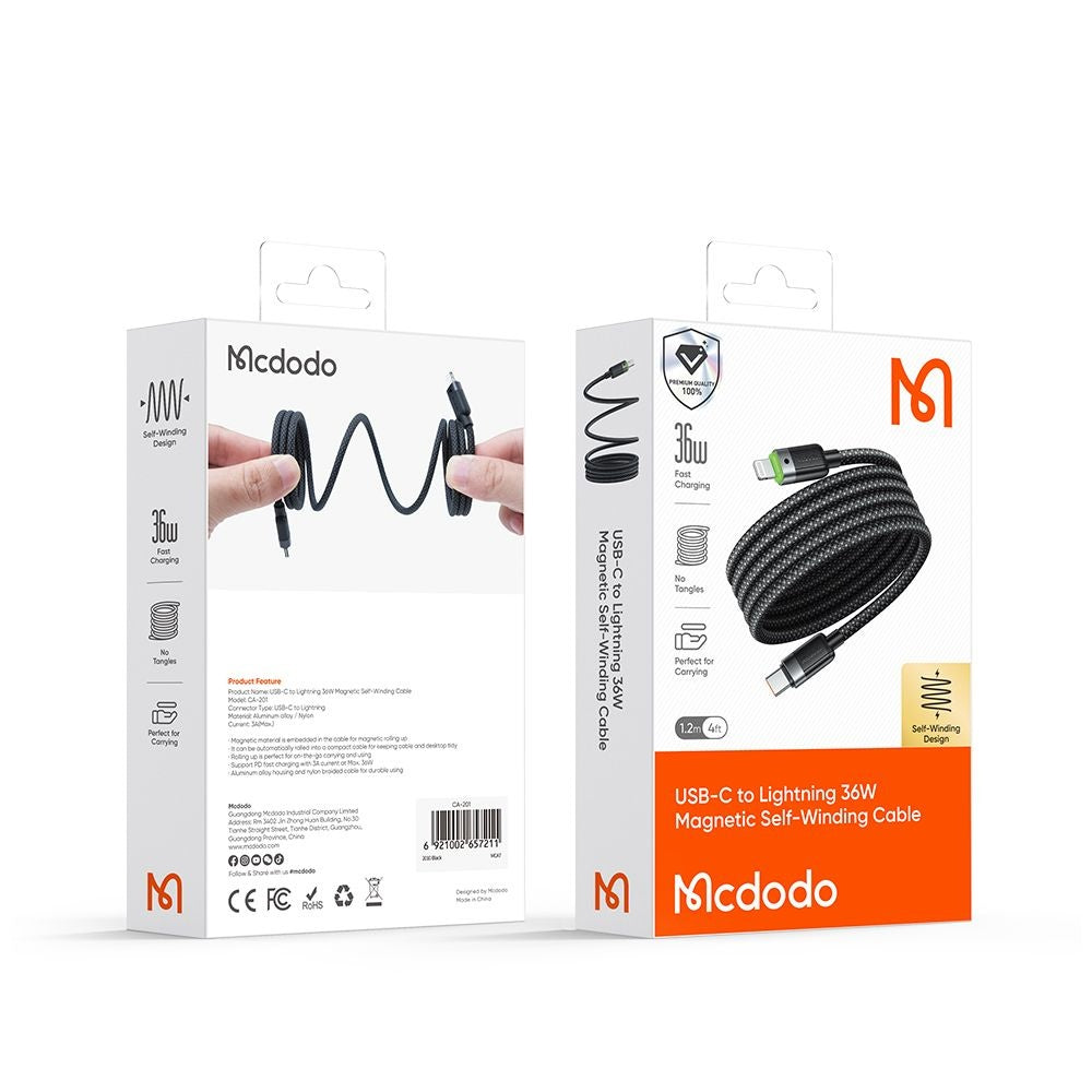 Кабел за данни и зареждане USB-C - Lightning McDodo CA-2010 Self Winding, 36W, 1.2m, Черен