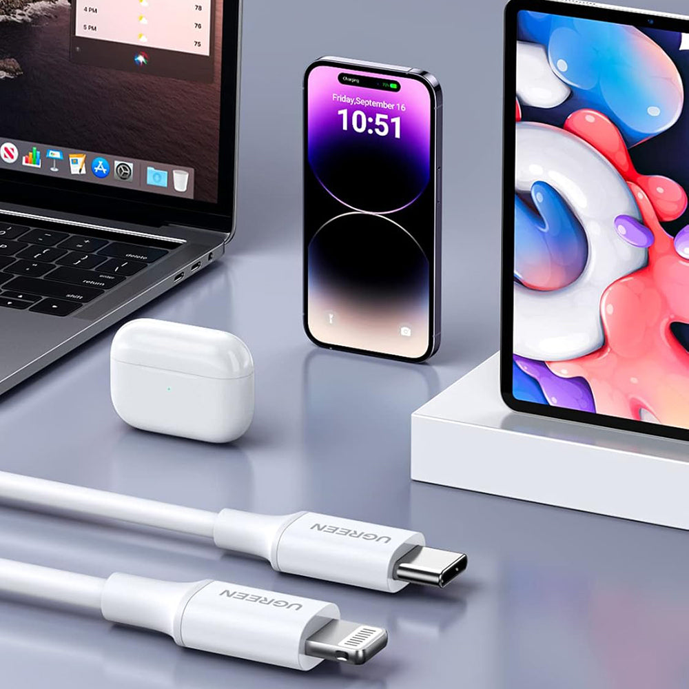 Кабел за данни и зареждане USB-C - Lightning UGREEN US171 (10493), 20W, 1m, Бял