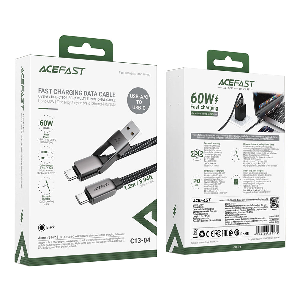 Кабел за данни и зареждане USB-C - USB-A / USB-C Acefast C13-04, 60W, 1.2m, Черен