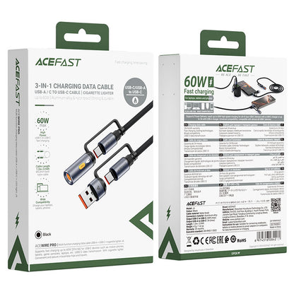 Кабел за данни и зареждане USB-C / USB-A - USB-C / Запалка Acefast J6, 60W, 1.2m, Черен