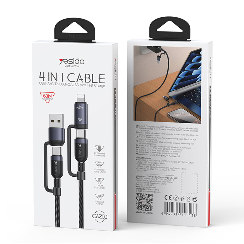 Кабел за данни и зареждане USB-C / USB-A - USB-C / Lightning Yesido CA200, 60W, 1.2м, Черен
