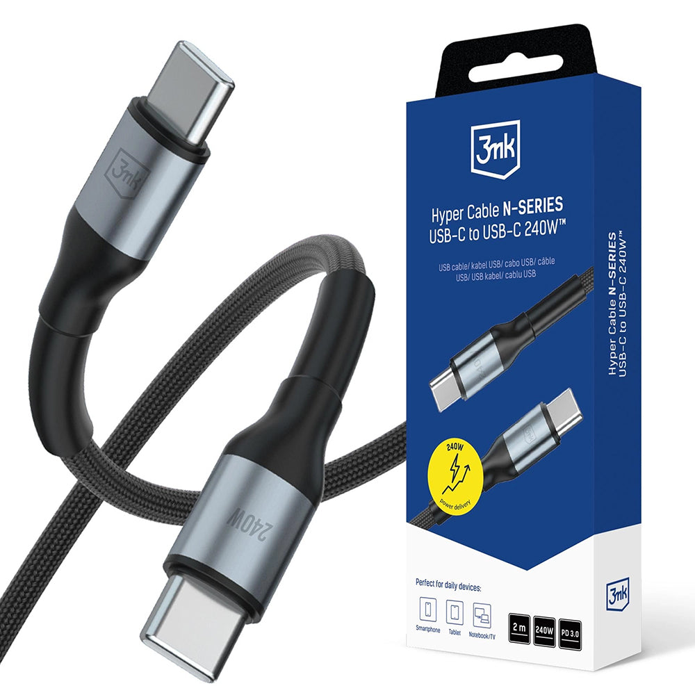 Кабел за данни и зареждане USB-C - USB-C 3MK Hyper N, 240W, 2м, Черен