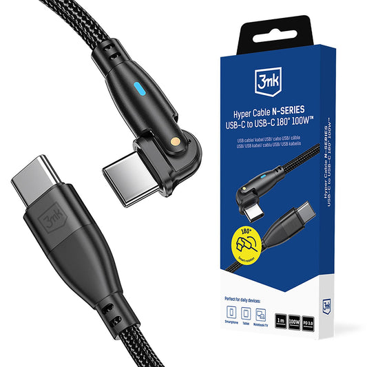 Кабел за данни и зареждане USB-C - USB-C 3MK Hyper N Angled, 100W, 1м, Черен