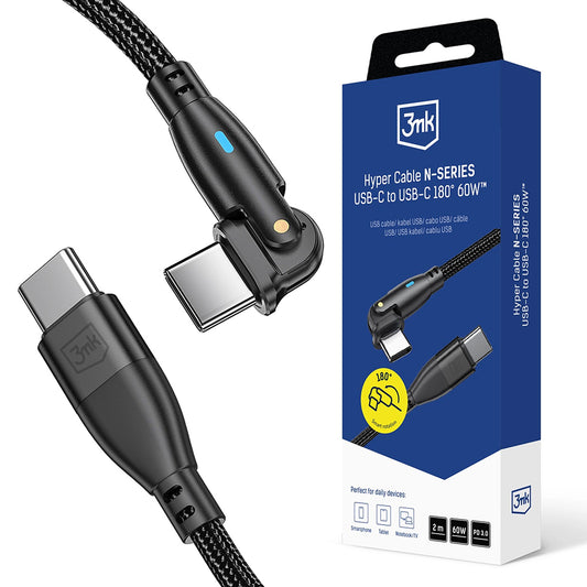 Кабел за данни и зареждане USB-C - USB-C 3MK Hyper N Angled, 60W, 2m, Черен