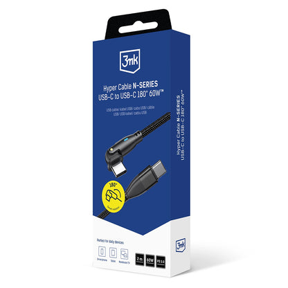 Кабел за данни и зареждане USB-C - USB-C 3MK Hyper N Angled, 60W, 2m, Черен