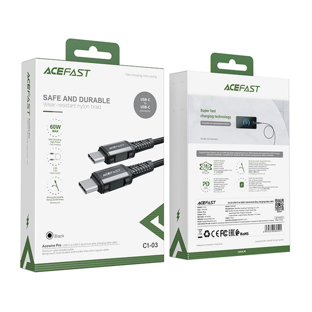 Кабел за данни и зареждане USB-C - USB-C Acefast C1-03, 60W, 1.2m, Черен