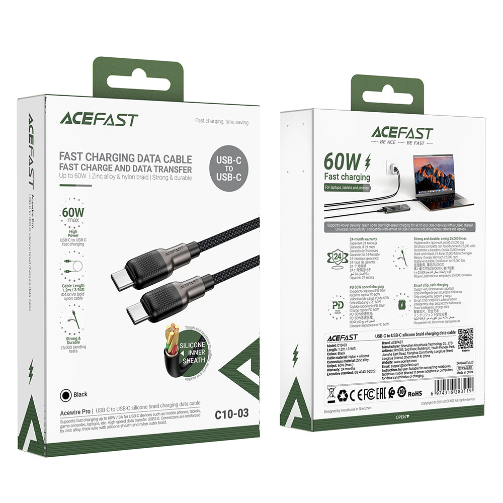 Кабел за данни и зареждане USB-C - USB-C Acefast C10-03, 60W, 1.2m, Черен