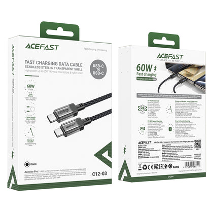 Кабел за данни и зареждане USB-C - USB-C Acefast C12-03, 60W, 1.2m, Черен