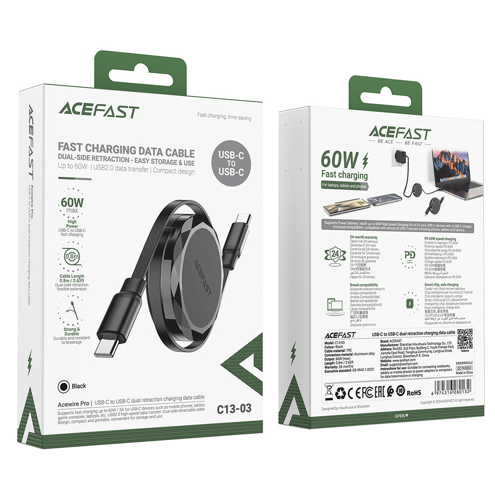 USB-C Data and Charging Cable - USB-C Acefast C13-03, 60W, 0.8m, Black