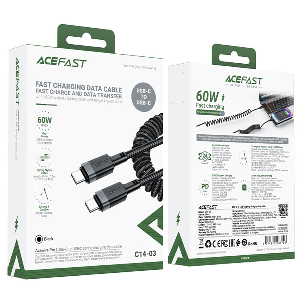 Кабел за данни и зареждане USB-C - USB-C Acefast C14-03, 60W, 1.2m, Черен