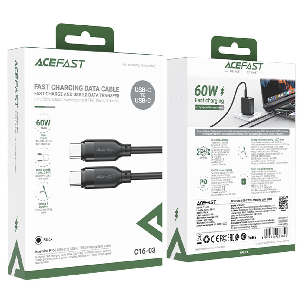 Кабел за данни и зареждане USB-C - USB-C Acefast C16-03, 60W, 1.2m, Черен