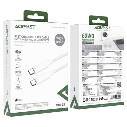 Кабел за данни и зареждане USB-C - USB-C Acefast C18-03, 60W, 1.2m, Бял