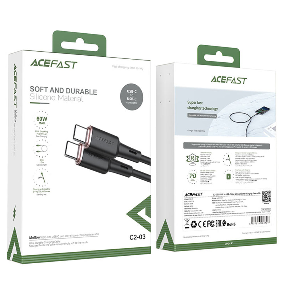 Кабел за данни и зареждане USB-C - USB-C Acefast C2-03, 60W, 1.2m, Черен