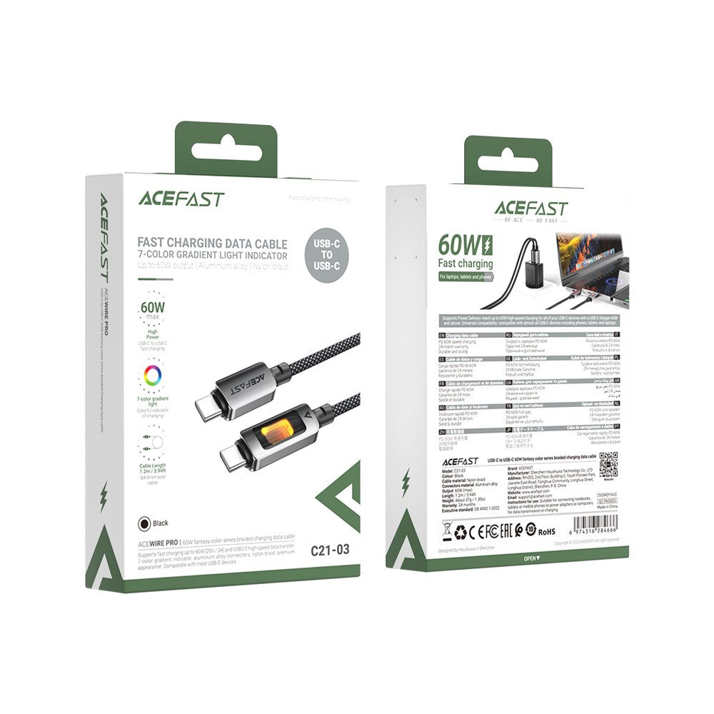 Кабел за данни и зареждане USB-C - USB-C Acefast C21-03, 60W, 1.2m, Черен