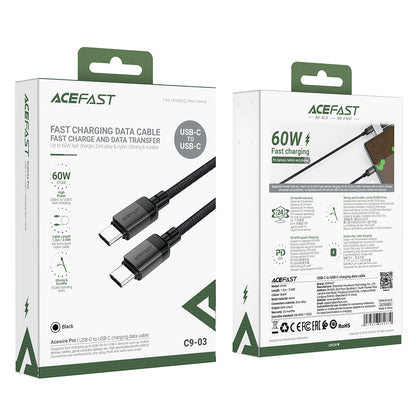 Кабел за данни и зареждане USB-C - USB-C Acefast C9-03, 60W, 1.2m, Черен