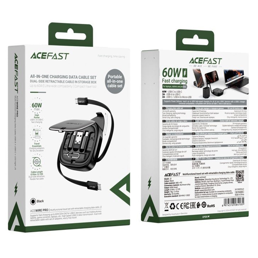Кабел за данни и зареждане USB-C - USB-C Acefast Travel J3, 60W, 0.95m, Черен