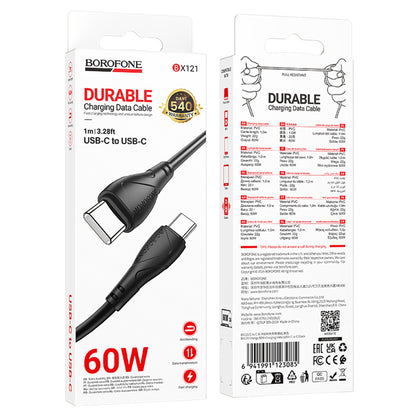 Кабел за данни и зареждане USB-C - USB-C Borofone BX121 Energy, 60W, 1m, Черен