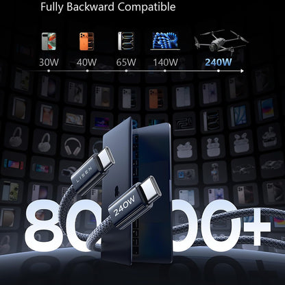 Кабел за данни и зареждане USB-C - USB-C Lisen, 240W, 2m, Комплект 2 броя, Тъмносин YL0123070023