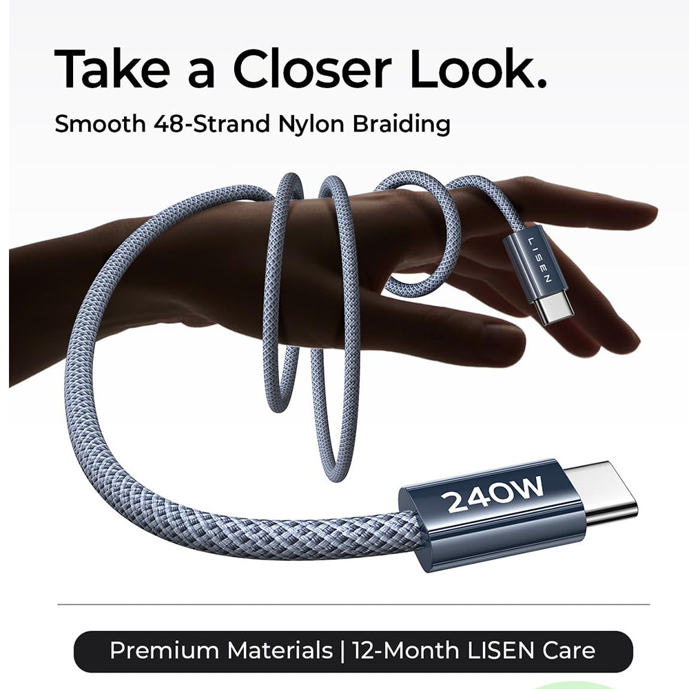 Кабел за данни и зареждане USB-C - USB-C Lisen, 240W, 2m, Комплект 2 броя, Тъмносин YL0123070023