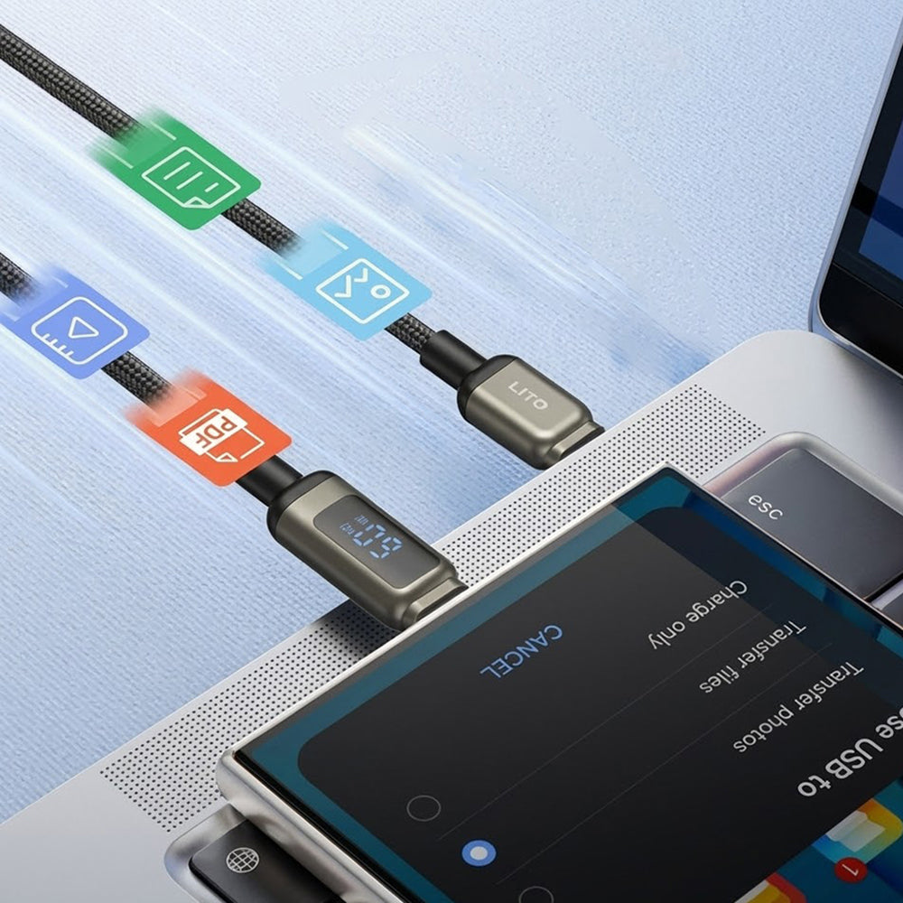 Кабел за данни и зареждане USB-C - USB-C Lito LD15 Display, 60W, 1m, Черен
