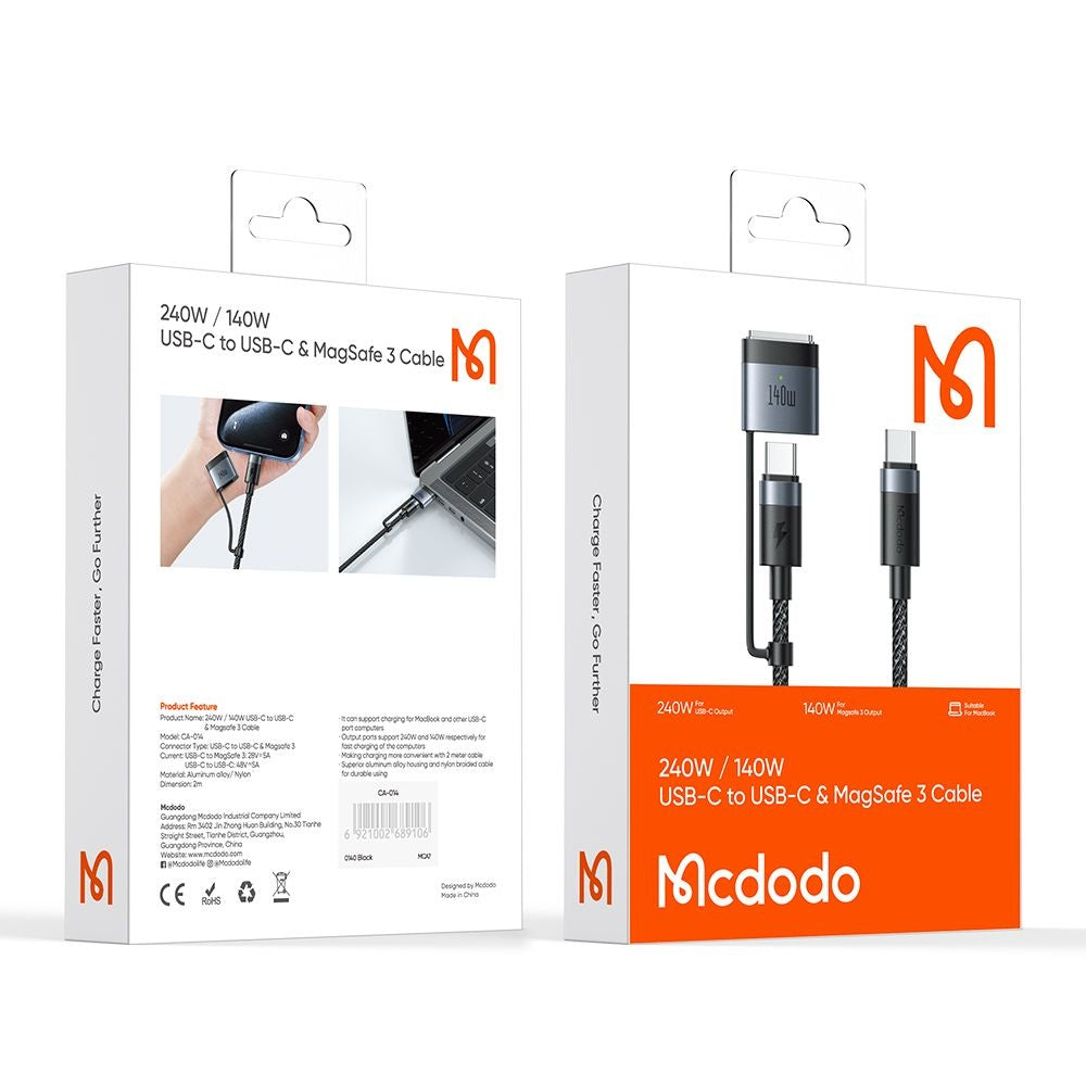 Кабел за зареждане McDodo CA-0140, USB-C - USB-C / MagSafe 3, 240W, 2m, Черен