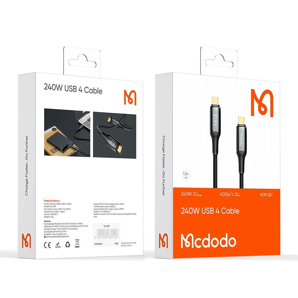 Кабел за данни и зареждане USB-C - USB-C McDodo CA-2990, 240W, 1.2m, Черен