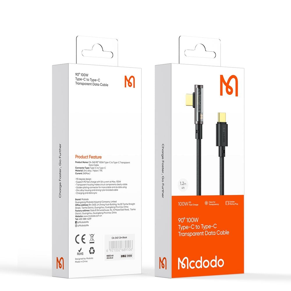 Кабел за данни и зареждане USB-C - USB-C McDodo CA-3400 Angled, 100W, 1.2m, Черен