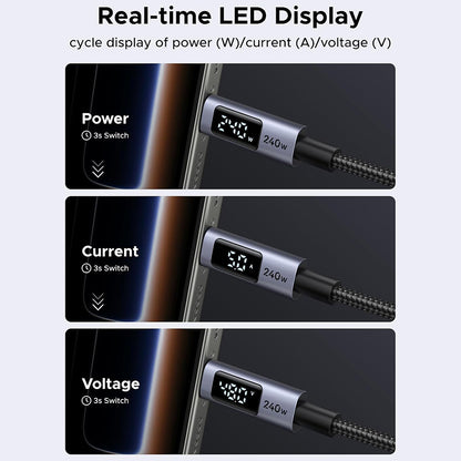 Кабел за данни и зареждане USB-C - USB-C UGREEN 65866 Display, 240W, 1m, Сив