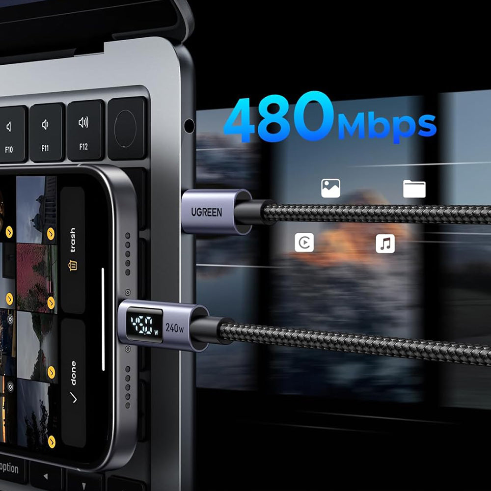 Кабел за данни и зареждане USB-C - USB-C UGREEN 65866 Display, 240W, 1m, Сив