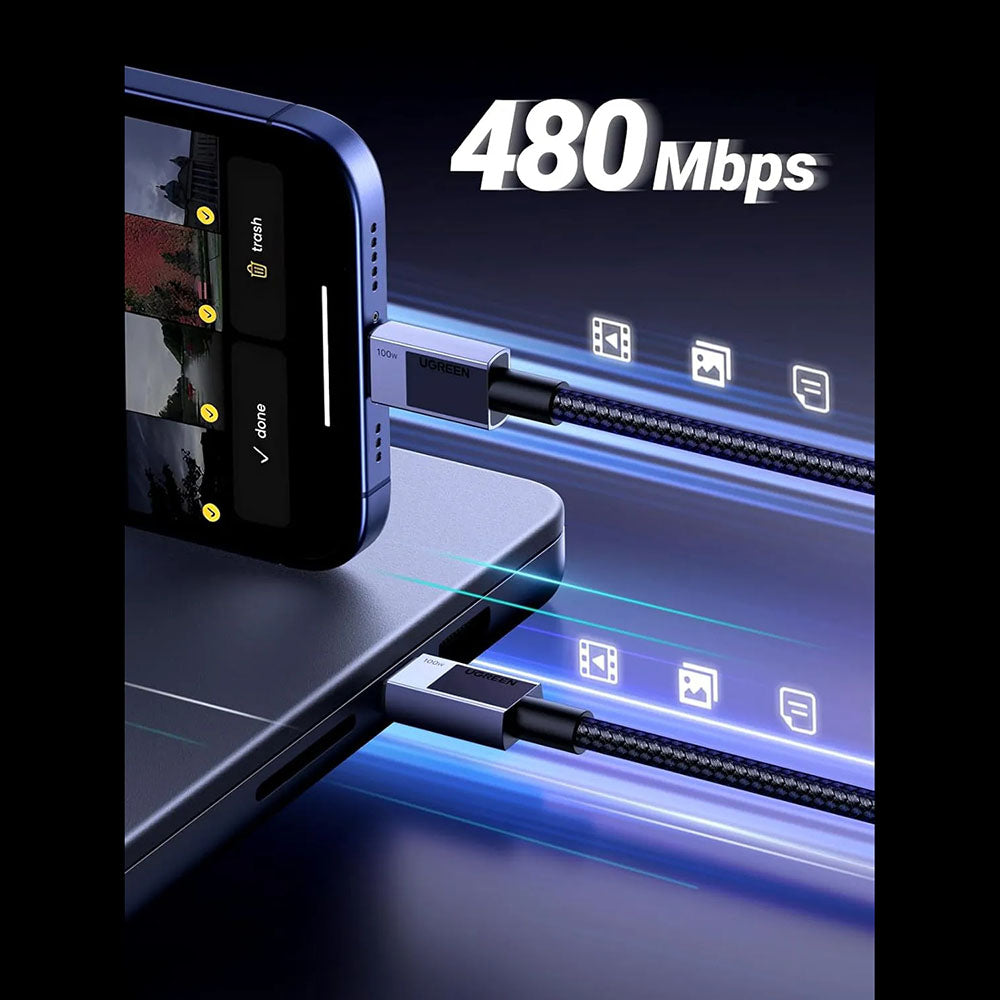 Кабел за данни и зареждане USB-C - USB-C UGREEN L512, 100W, 1m, Сив