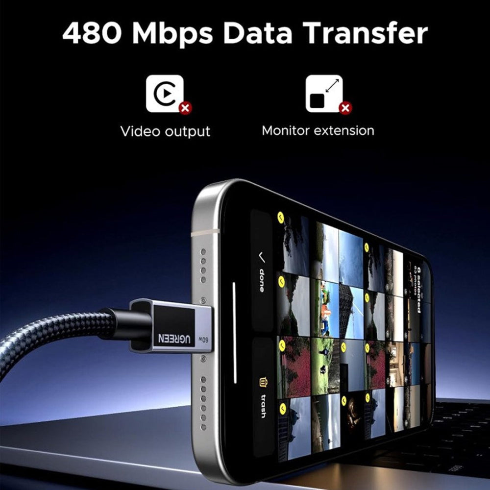 Кабел за данни и зареждане USB-C - USB-C UGREEN L524, 60W, 1m, Сив