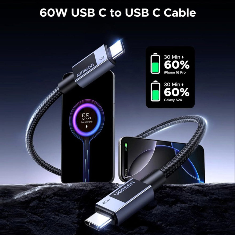 Кабел за данни и зареждане USB-C - USB-C UGREEN L524, 60W, 1m, Сив