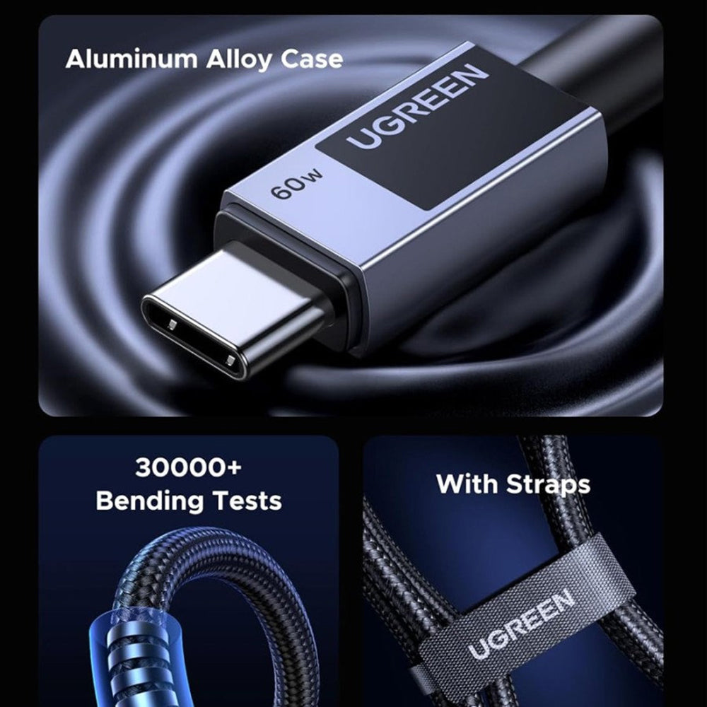 Кабел за данни и зареждане USB-C - USB-C UGREEN L524, 60W, 1m, Сив