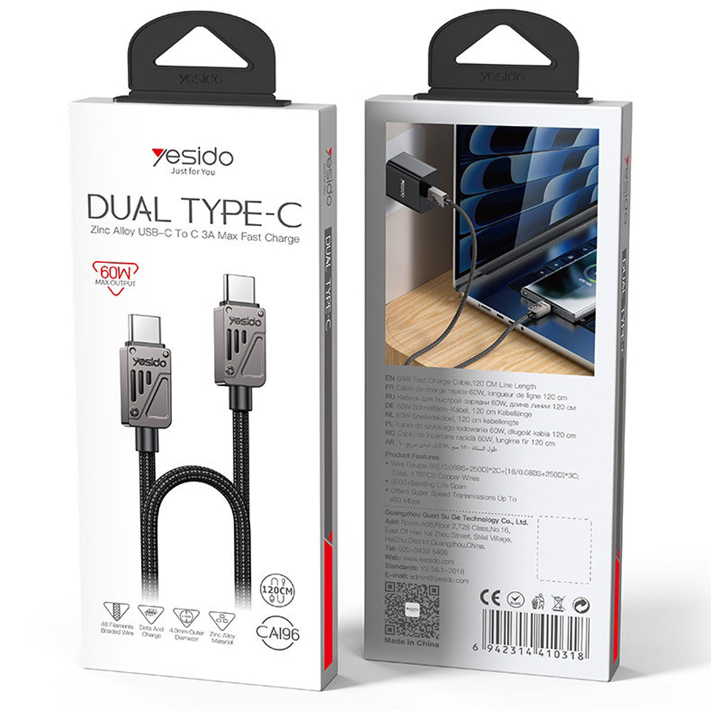 Кабел за данни и зареждане USB-C - USB-C Yesido CA196, 60W, 1.2m, Черен