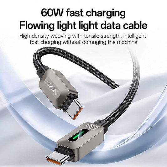 Кабел за данни и зареждане USB-C - USB-C Yesido CA198, 60W, 1.2м, Черен