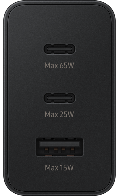 Мрежово зарядно устройство Samsung Trio, 65 W, 3,5 A, 1 x USB-A - 2 x USB-C, черно EP-T6530NBEGEU