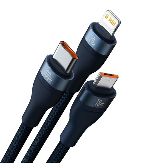 Кабел за зареждане USB-C / USB-A - Lightning / microUSB / USB-C Baseus Flash Series II, 100W, 1.2m, Тъмносин CASS030103