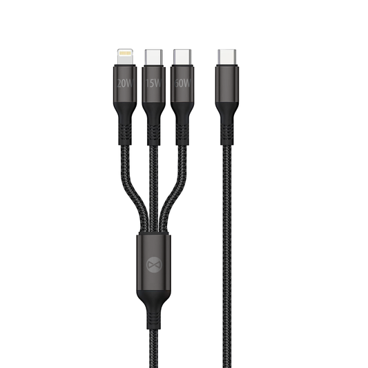 Кабел за зареждане Forever 3in1 USB-A - Lightning / 2 x USB-C Forever 3in1, 60 W, 1,2 м, черен