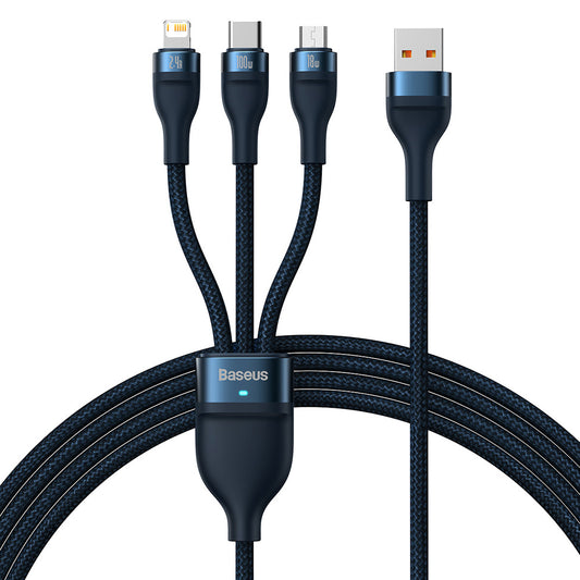 Кабел за зареждане USB-A - Lightning / microUSB / USB-C Baseus Flash Series II 3in1, 100W, 1.2m, Син CASS030003