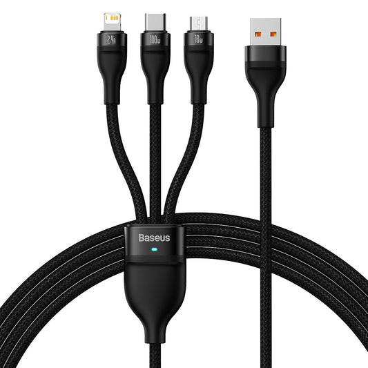 Кабел за зареждане USB-A - Lightning / microUSB / USB-C Baseus Flash Series II 3in1, 100W, 1.2m, Черен CASS030001