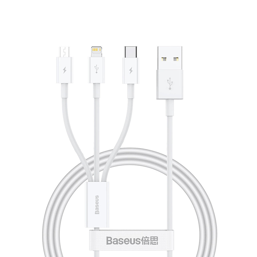 Кабел за зареждане USB-A - Lightning / microUSB / USB-C Baseus Superior 3in1 Series, 20W, 1m, Бял P10320105221-00