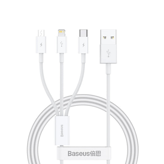 Кабел за зареждане USB-A - Lightning / microUSB / USB-C Baseus Superior 3in1 Series, 20W, 1m, Бял P10320105221-00