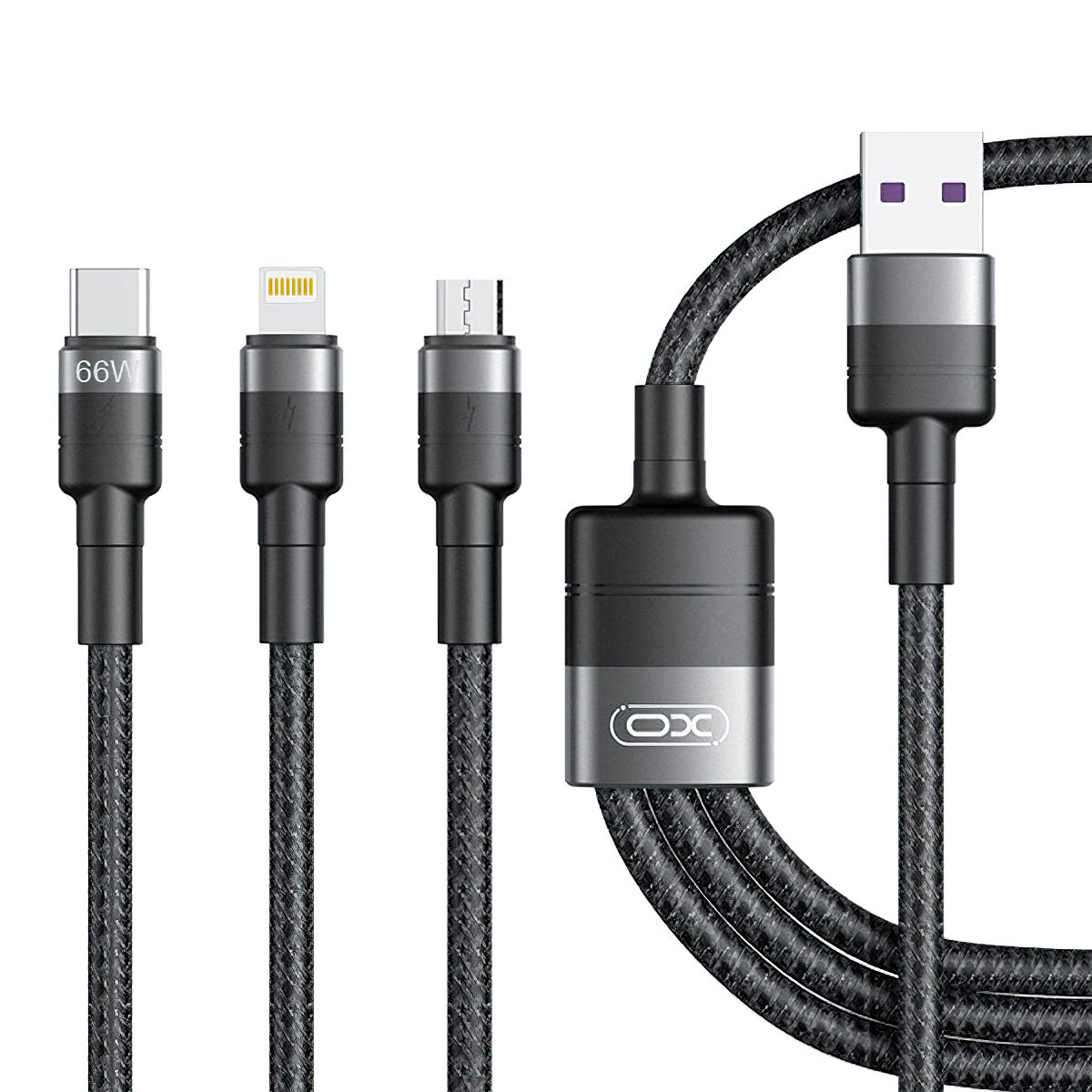 Кабел за зареждане USB-A - Lightning / microUSB / USB-C XO Design NB-Q191 3in1, 66W, 1.2m, Черен