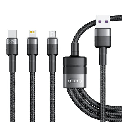 Кабел за зареждане USB-A - Lightning / microUSB / USB-C XO Design NB-Q191 3in1, 66W, 1.2m, Черен