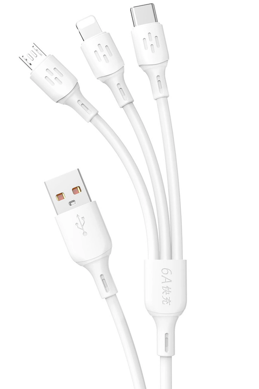 Кабел за зареждане USB-A - Lightning / microUSB / USB-C Dudao L8A 3в1, 66W, 1.2м, Бял