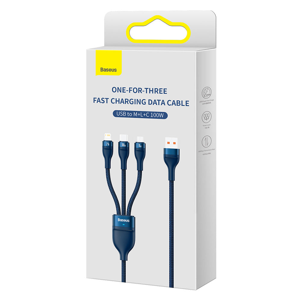 Кабел за зареждане USB-A - Lightning / microUSB / USB-C Baseus Flash Series II 3in1, 100W, 1.2m, Син CASS030003