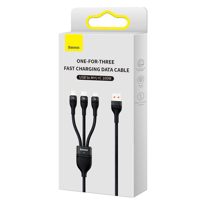 Кабел за зареждане USB-A - Lightning / microUSB / USB-C Baseus Flash Series II 3in1, 100W, 1.2m, Черен CASS030001
