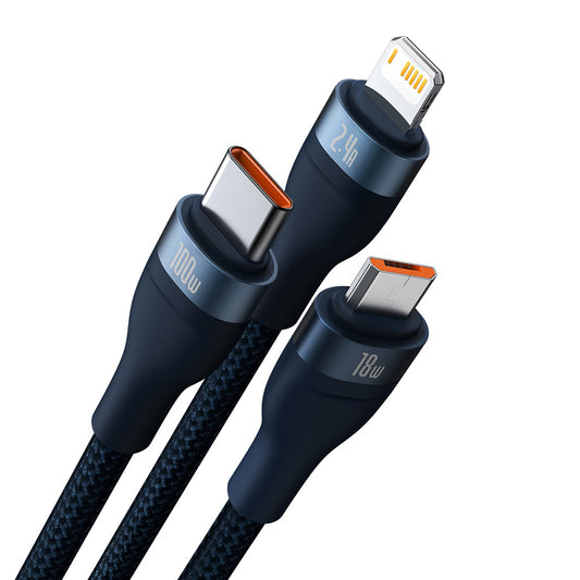 Кабел за зареждане USB-A - Lightning / microUSB / USB-C Baseus Flash Series II 3in1, 100W, 1.2m, Син CASS030003