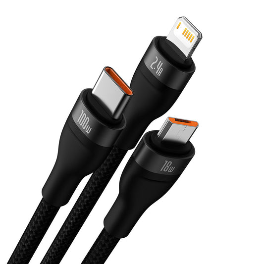 Кабел за зареждане USB-A - Lightning / microUSB / USB-C Baseus Flash Series II 3in1, 100W, 1.2m, Черен CASS030001